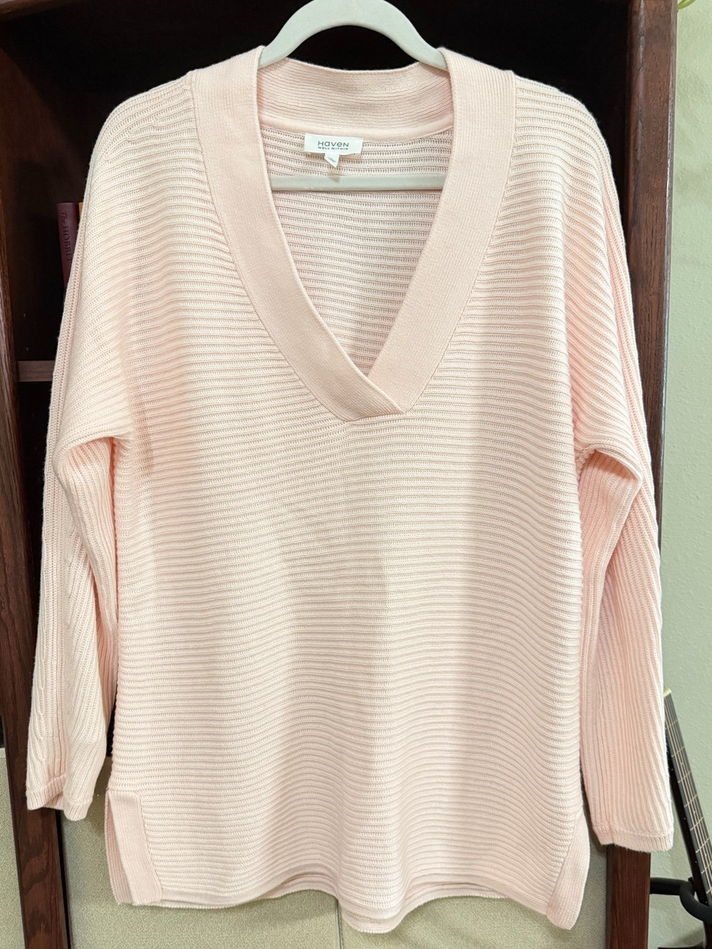 Haven Well Within Ribbed V-Neck Sweater in Pale Blush - XL